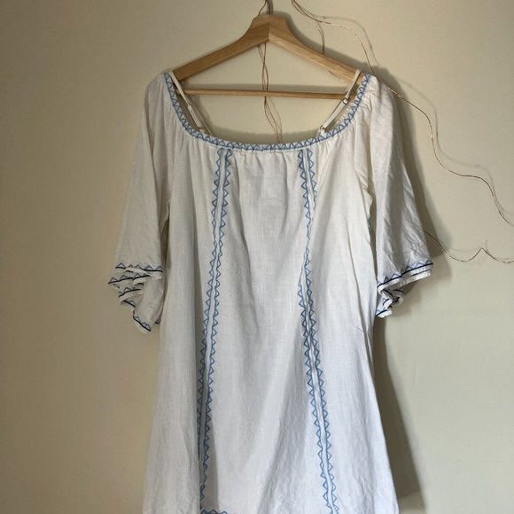 Embroidered Blue & White Linen Dress - Picture 4 of 8